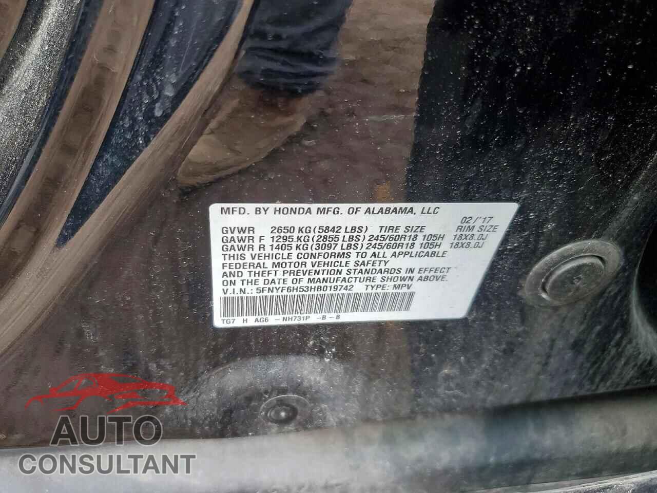 HONDA PILOT 2017 - 5FNYF6H53HB019742