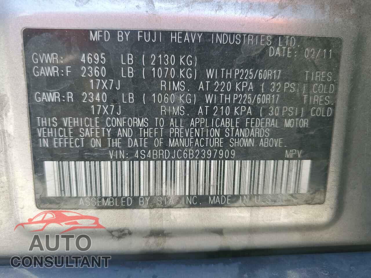 SUBARU OUTBACK 2011 - 4S4BRDJC6B2397909