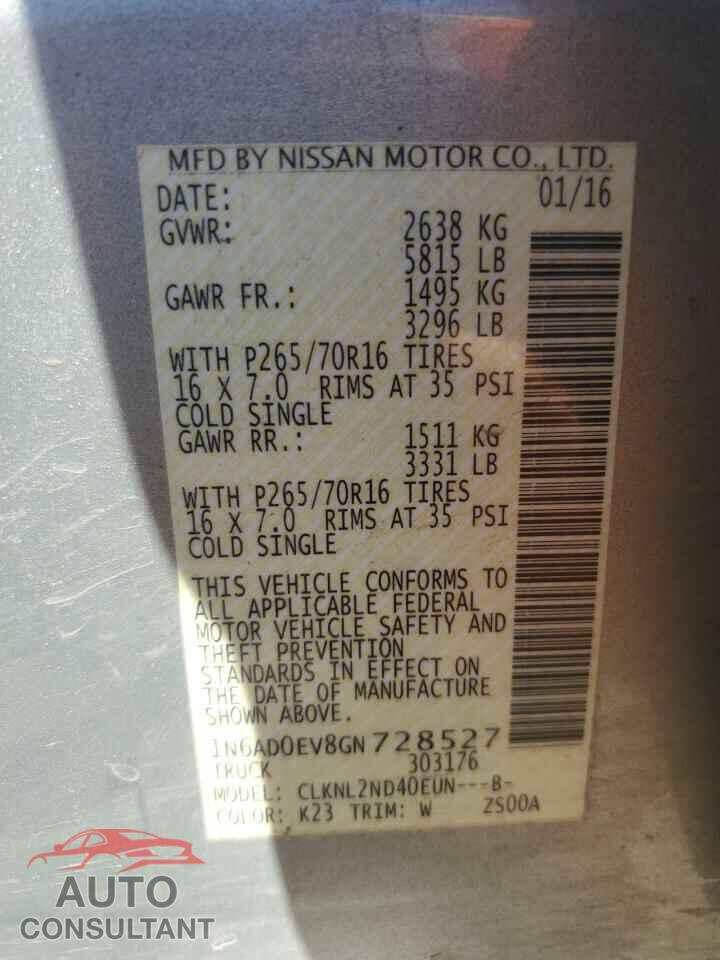NISSAN FRONTIER 2016 - 1N6AD0EV8GN728527