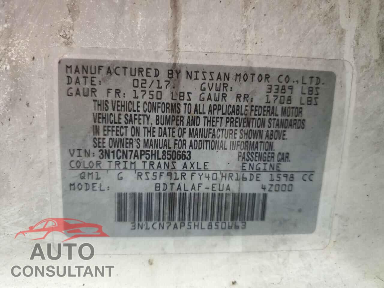 NISSAN VERSA 2017 - 3N1CN7AP5HL850663