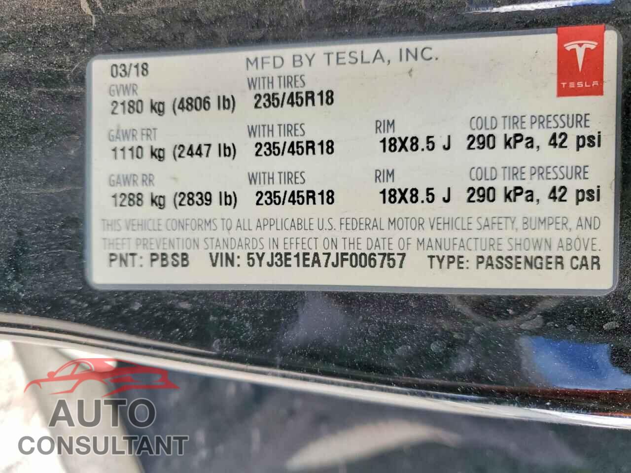 TESLA MODEL 3 2018 - 5YJ3E1EA7JF006757