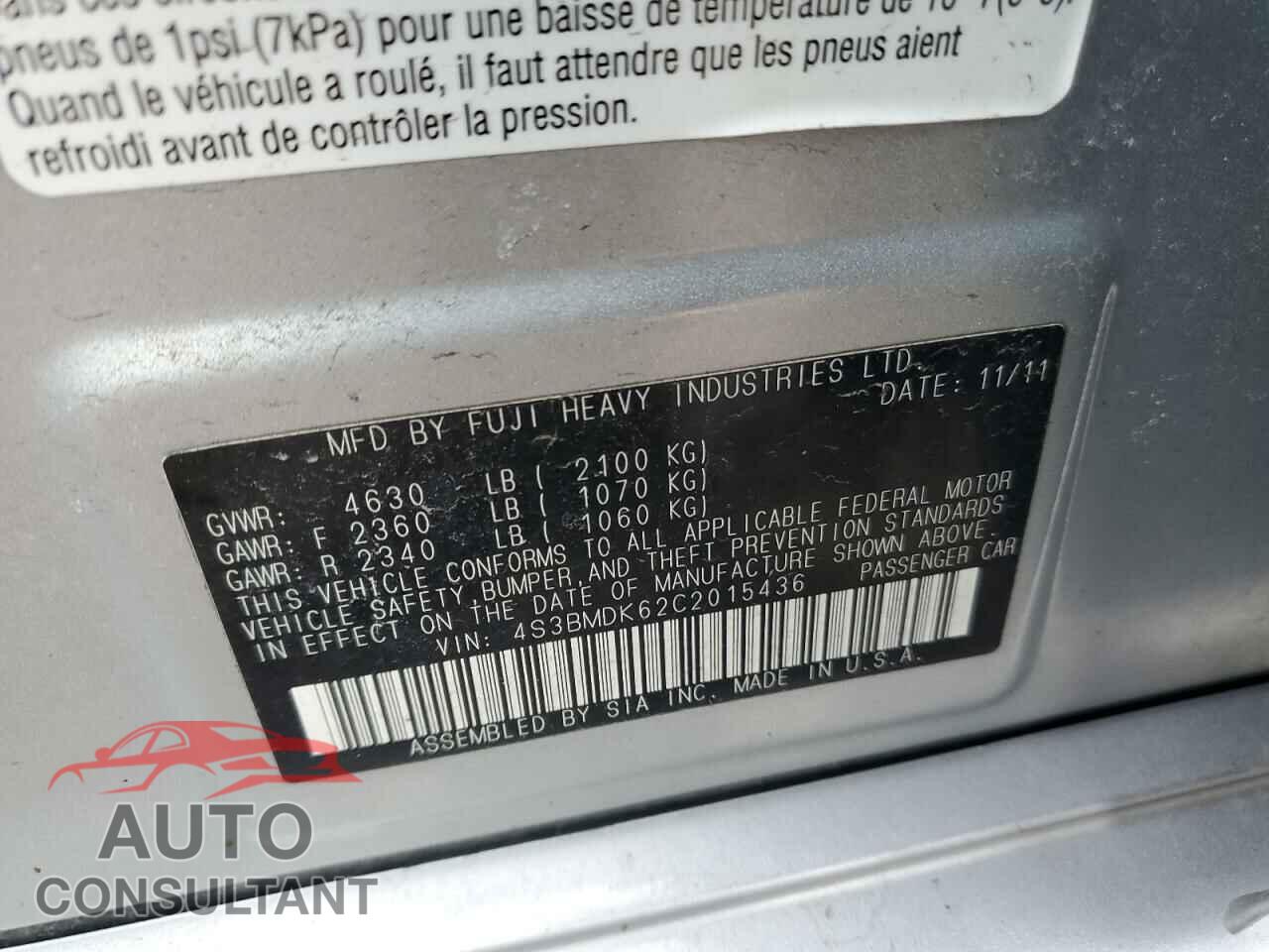 SUBARU LEGACY 2012 - 4S3BMDK62C2015436