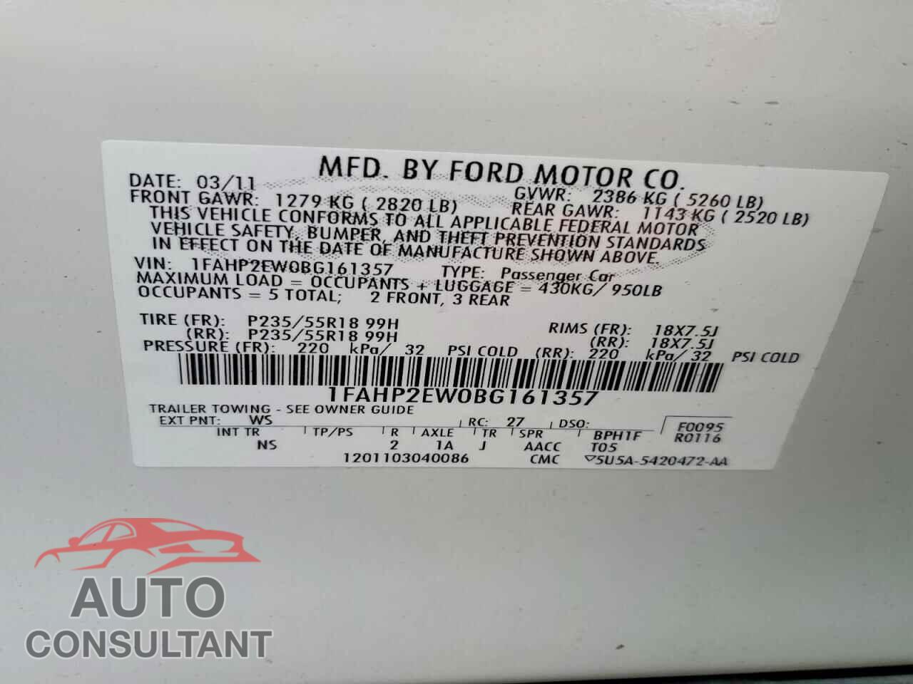 FORD TAURUS 2011 - 1FAHP2EW0BG161357