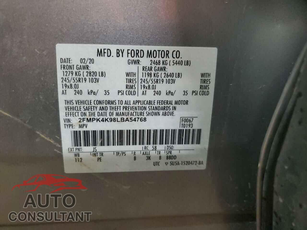 FORD EDGE 2020 - 2FMPK4K98LBA54768