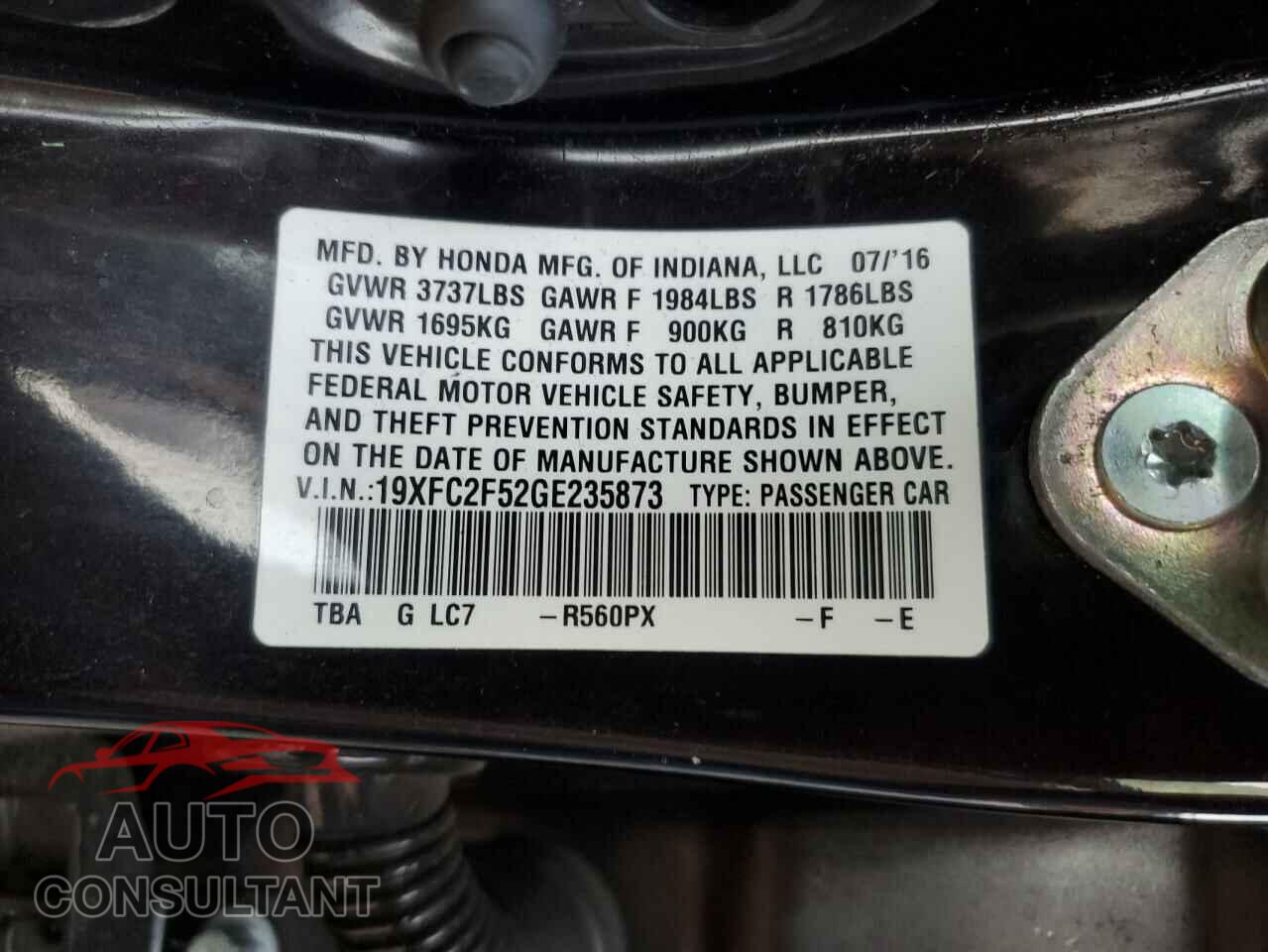 HONDA CIVIC 2016 - 19XFC2F52GE235873
