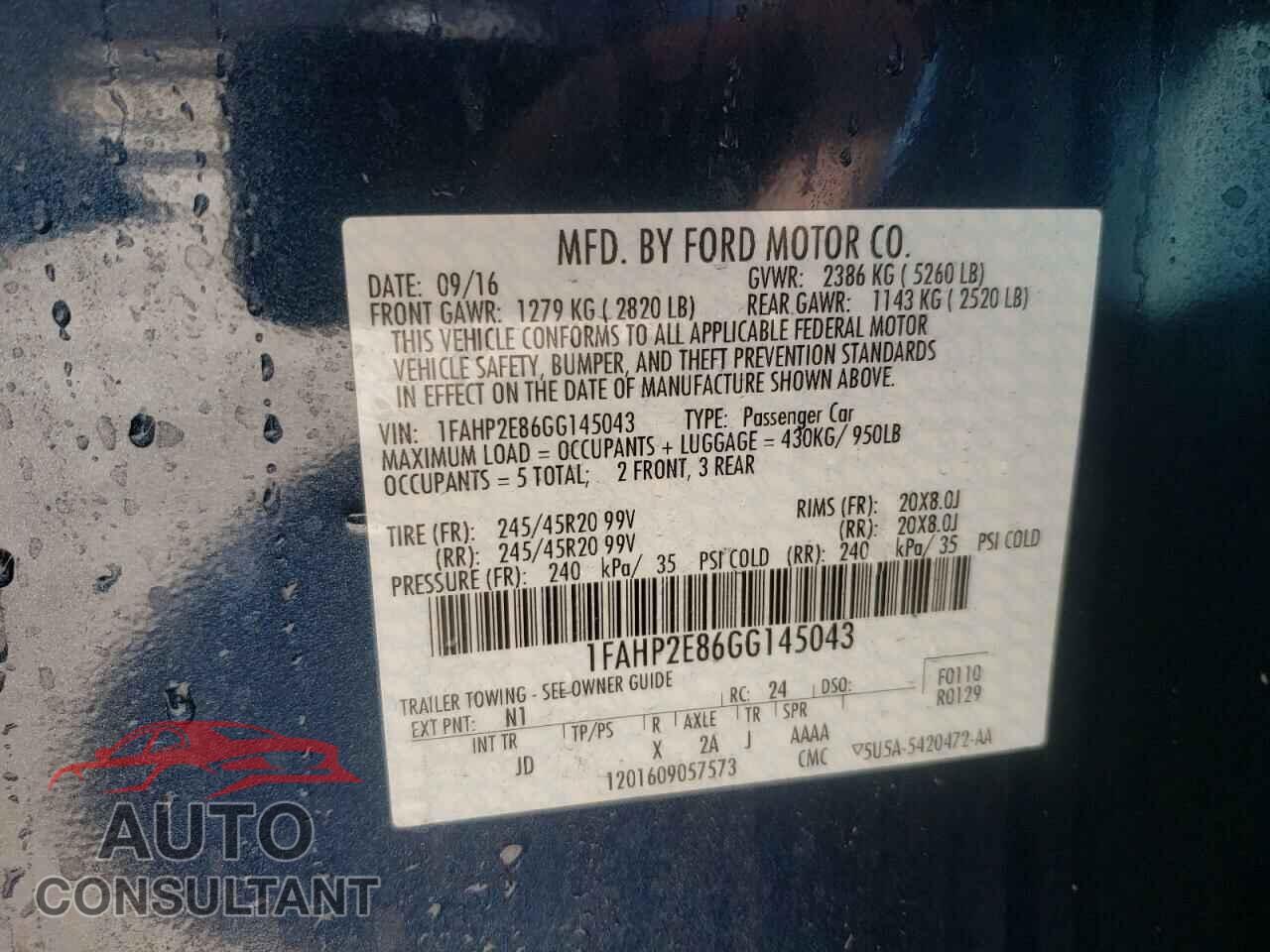 FORD TAURUS 2016 - 1FAHP2E86GG145043