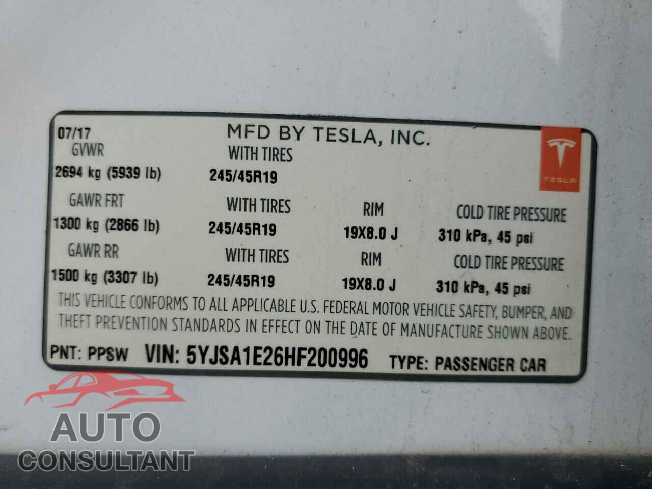 TESLA MODEL S 2017 - 5YJSA1E26HF200996