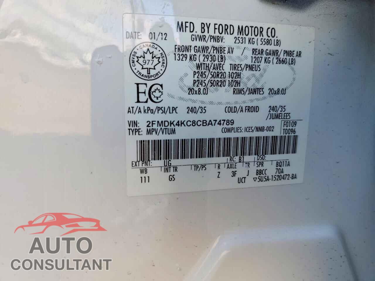 FORD EDGE 2012 - 2FMDK4KC8CBA74789