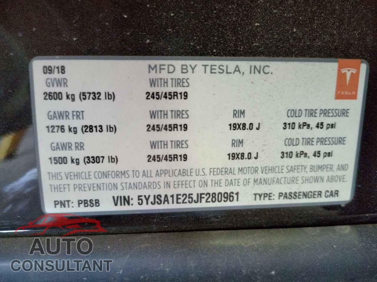 TESLA MODEL S 2018 - 5YJSA1E25JF280961