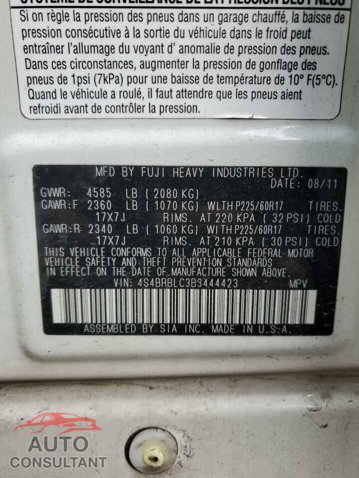 SUBARU OUTBACK 2011 - 4S4BRBLC3B3444423