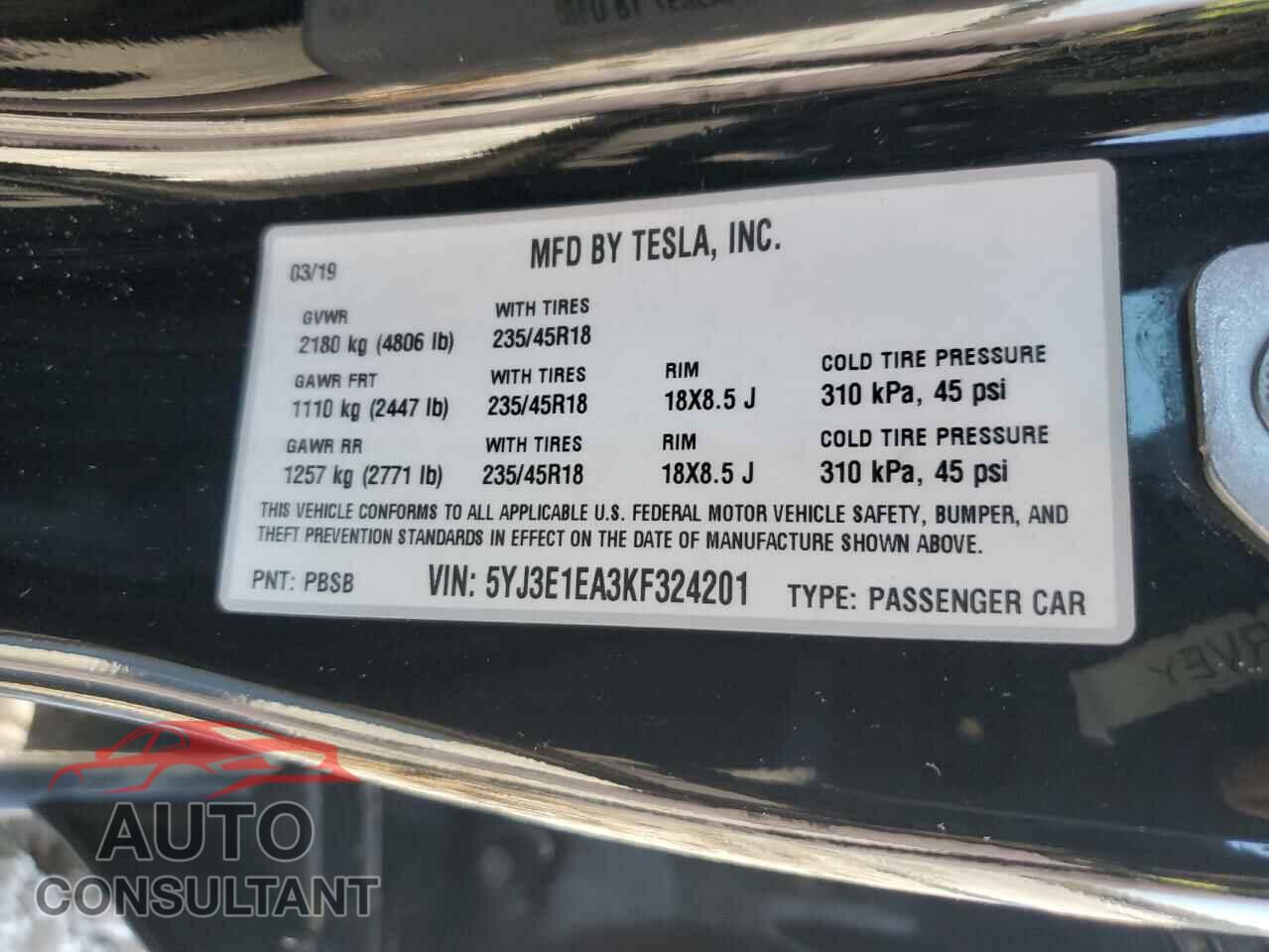 TESLA MODEL 3 2019 - 5YJ3E1EA3KF324201