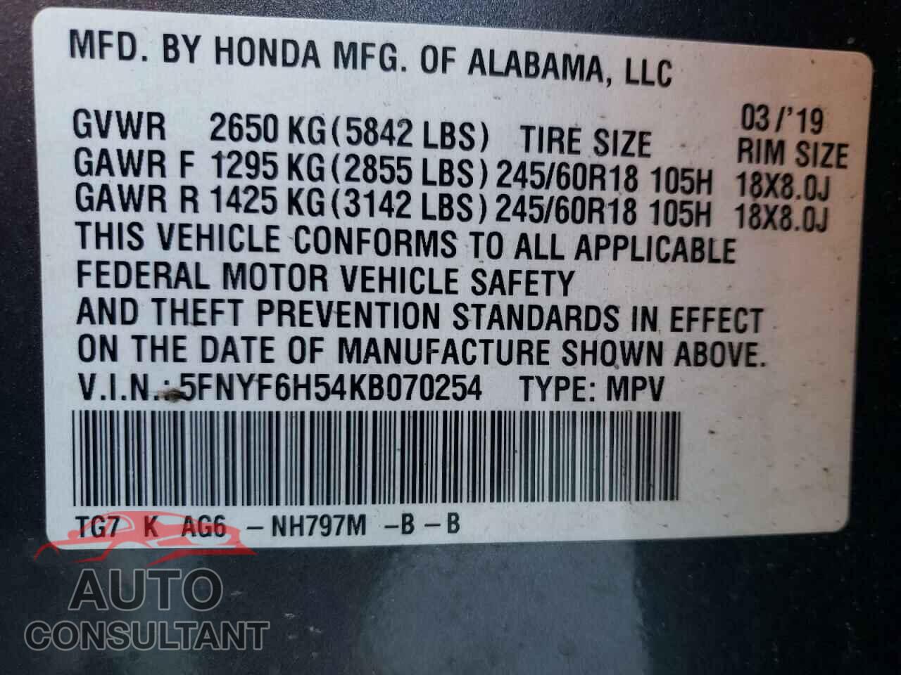 HONDA PILOT 2019 - 5FNYF6H54KB070254