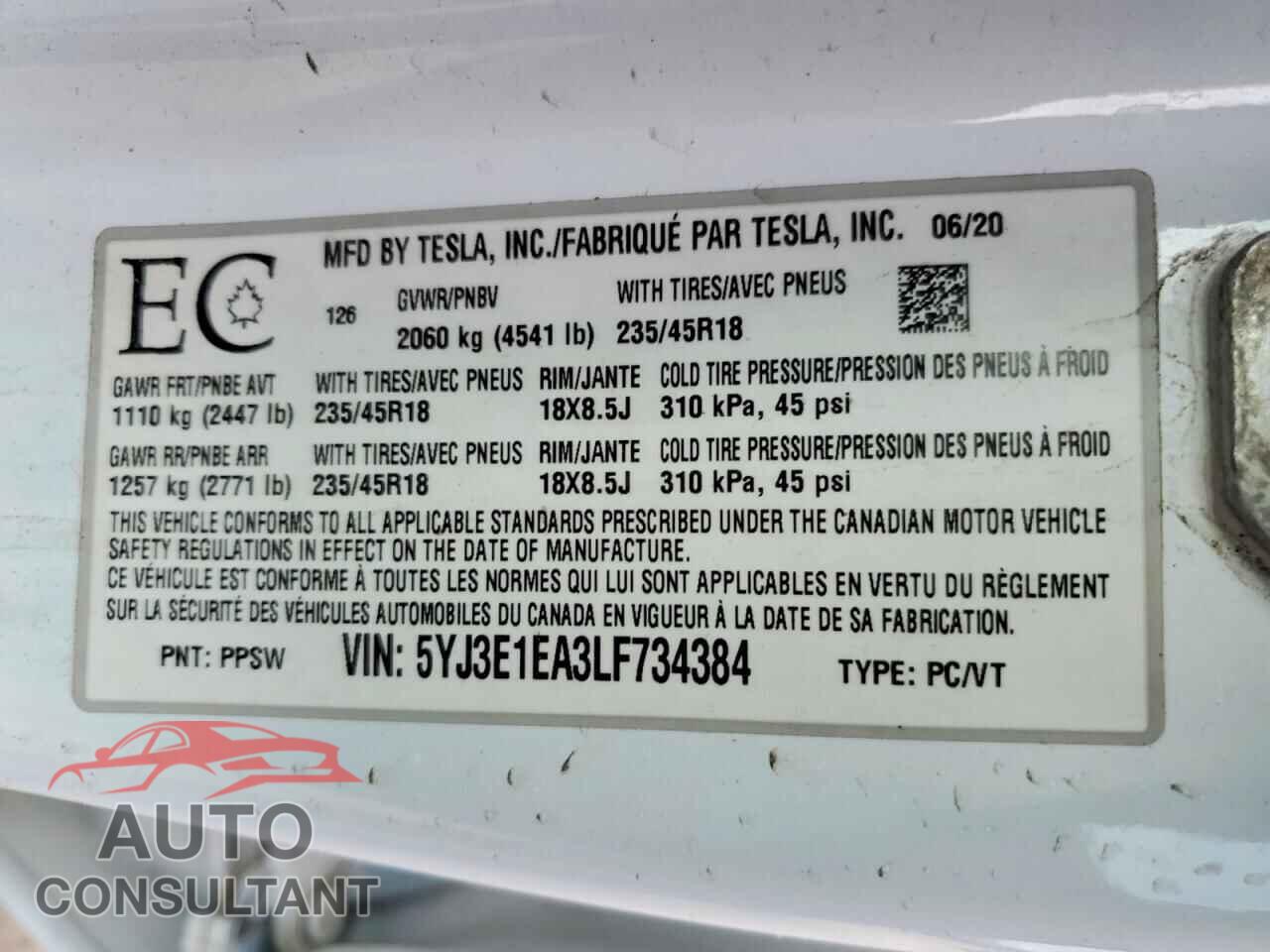 TESLA MODEL 3 2020 - 5YJ3E1EA3LF734384