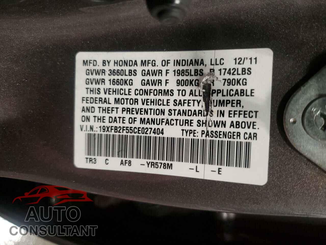 HONDA CIVIC 2012 - 19XFB2F55CE027404