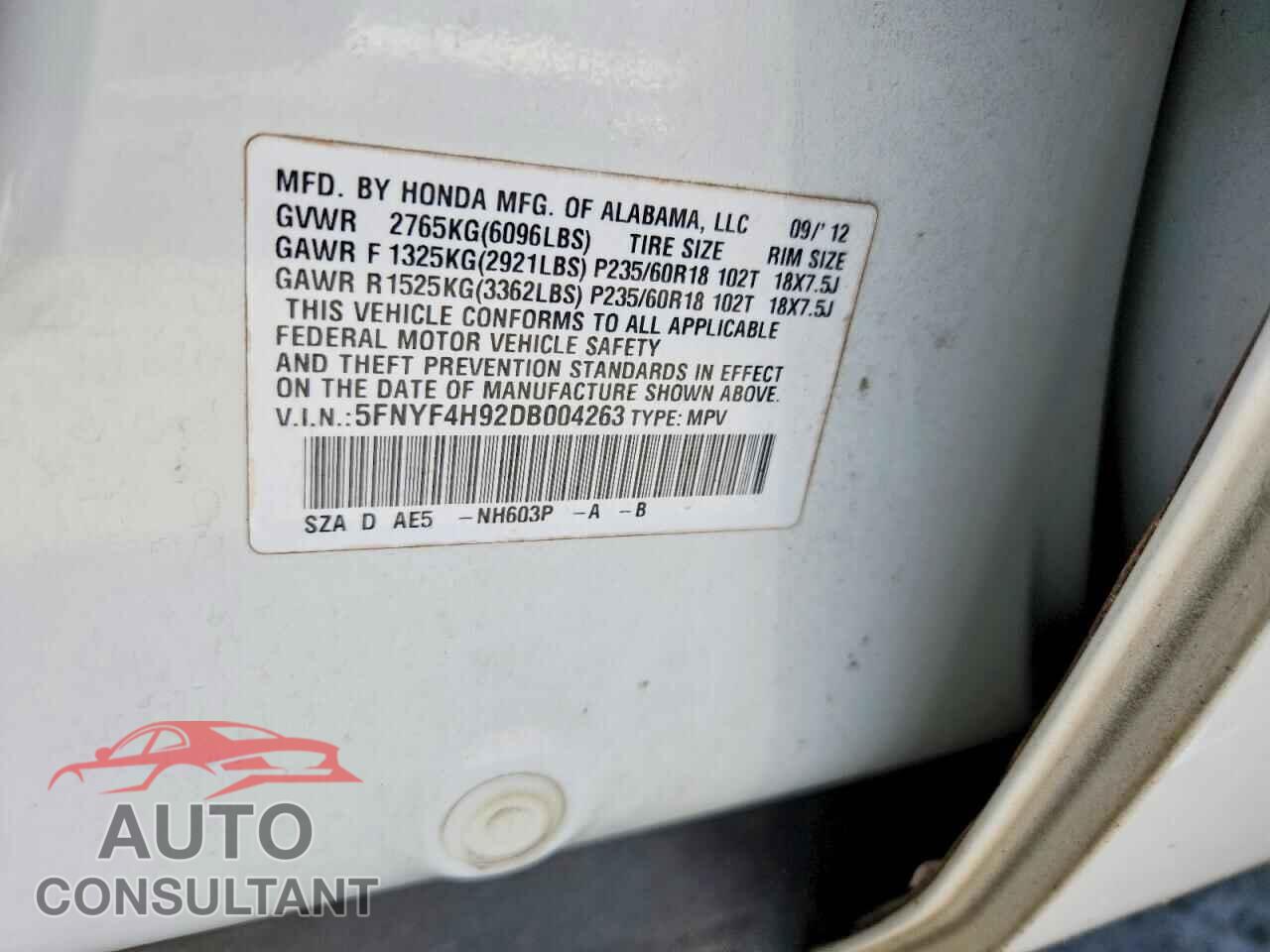 HONDA PILOT 2013 - 5FNYF4H92DB004263