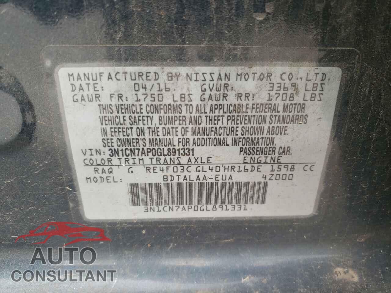 NISSAN VERSA 2016 - 3N1CN7AP0GL891331