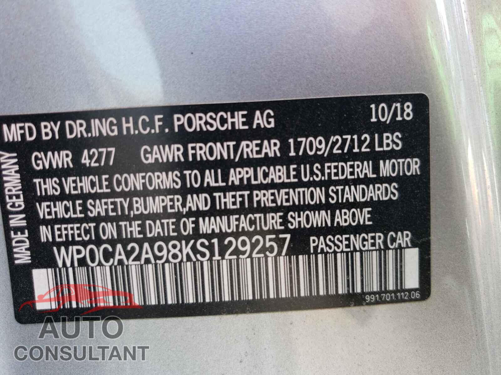 PORSCHE 911 2019 - WP0CA2A98KS129257