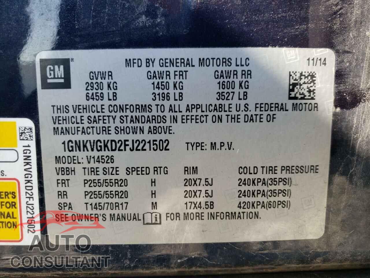CHEVROLET TRAVERSE 2015 - 1GNKVGKD2FJ221502