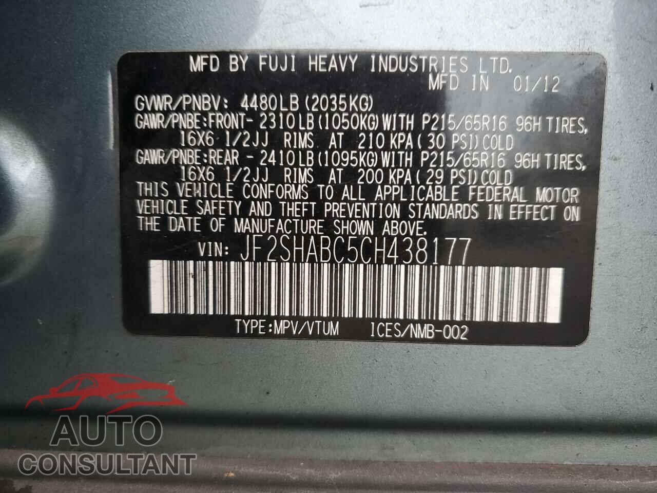 SUBARU FORESTER 2012 - JF2SHABC5CH438177