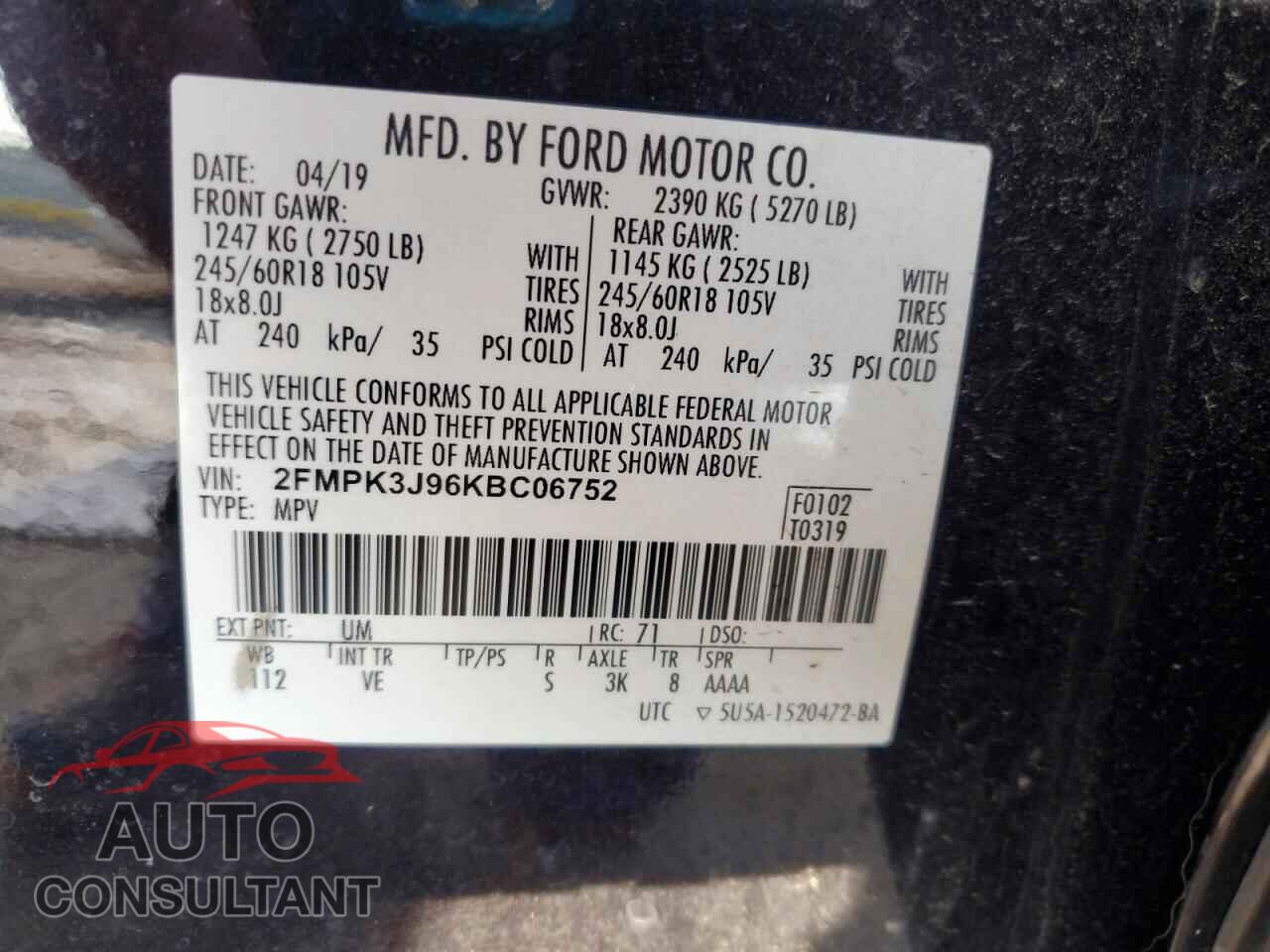 FORD EDGE 2019 - 2FMPK3J96KBC06752