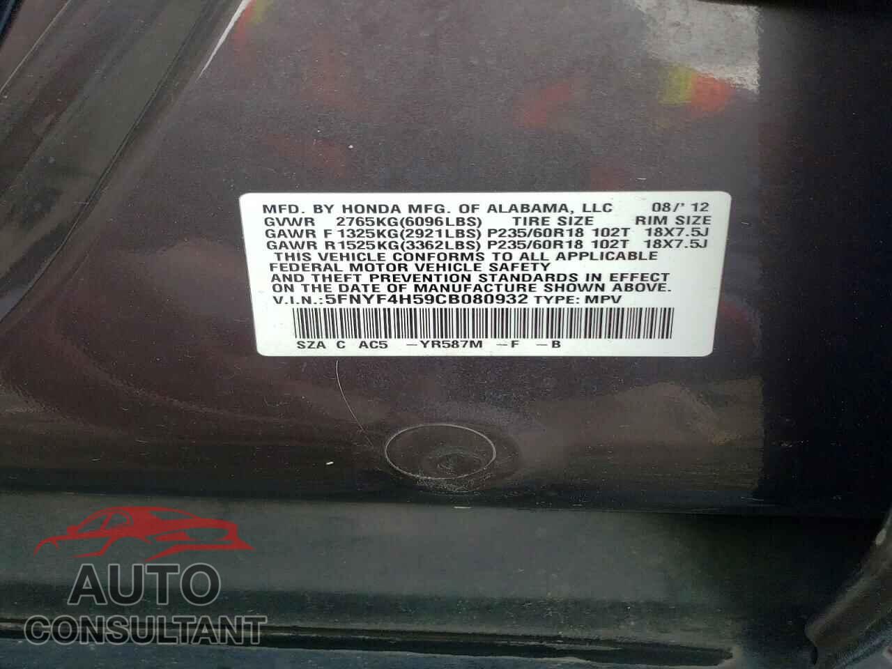 HONDA PILOT 2012 - 5FNYF4H59CB080932