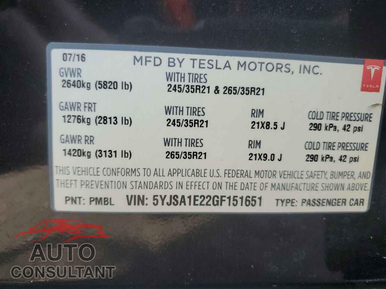 TESLA MODEL S 2016 - 5YJSA1E22GF151651