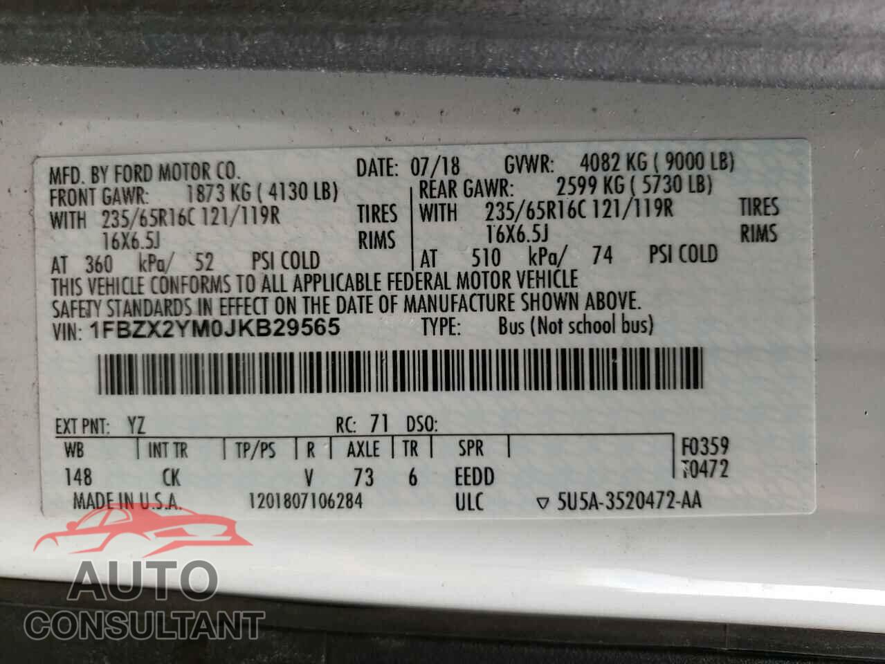 FORD TRANSIT CO 2018 - 1FBZX2YM0JKB29565