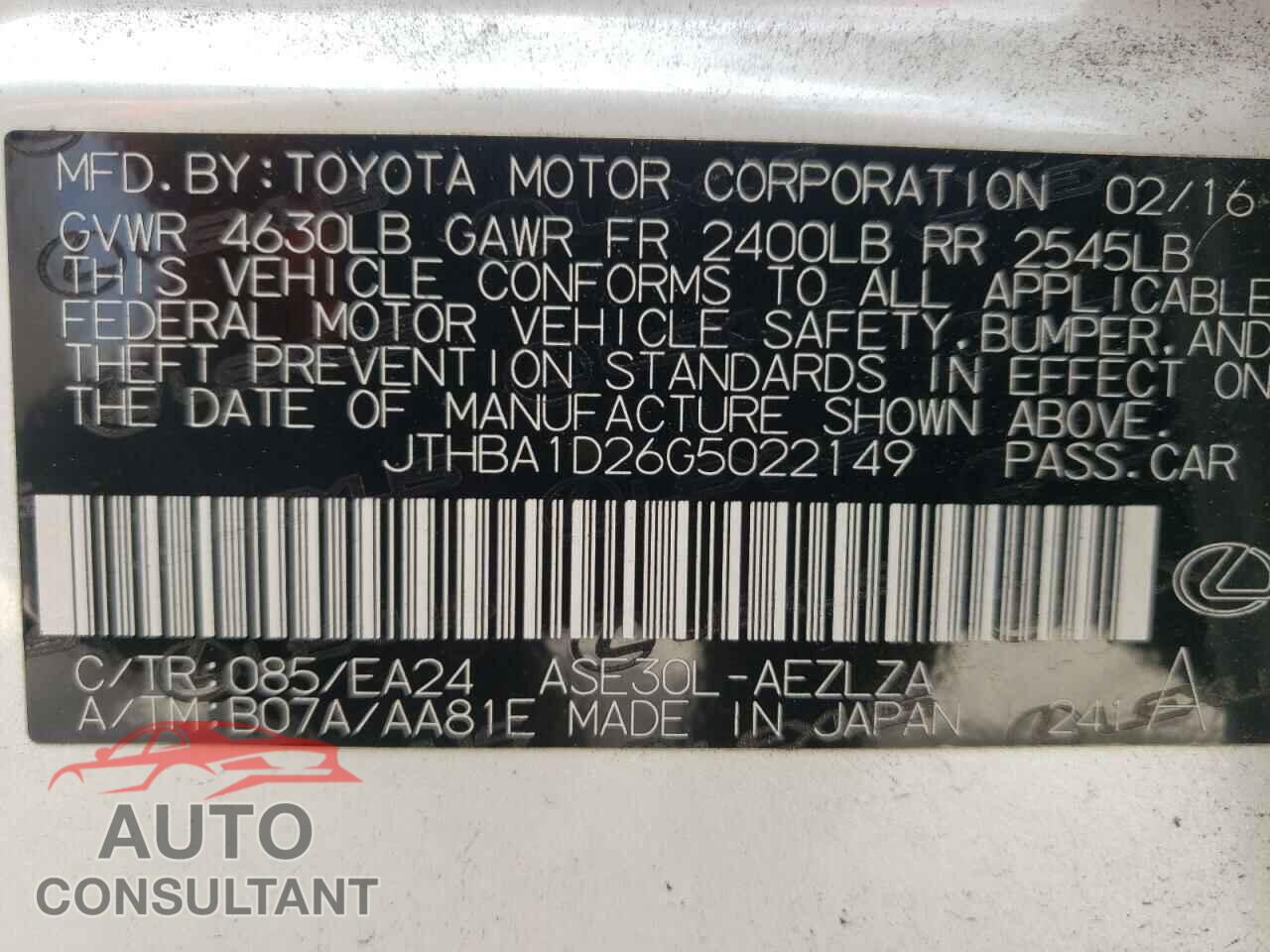 LEXUS IS 2016 - JTHBA1D26G5022149