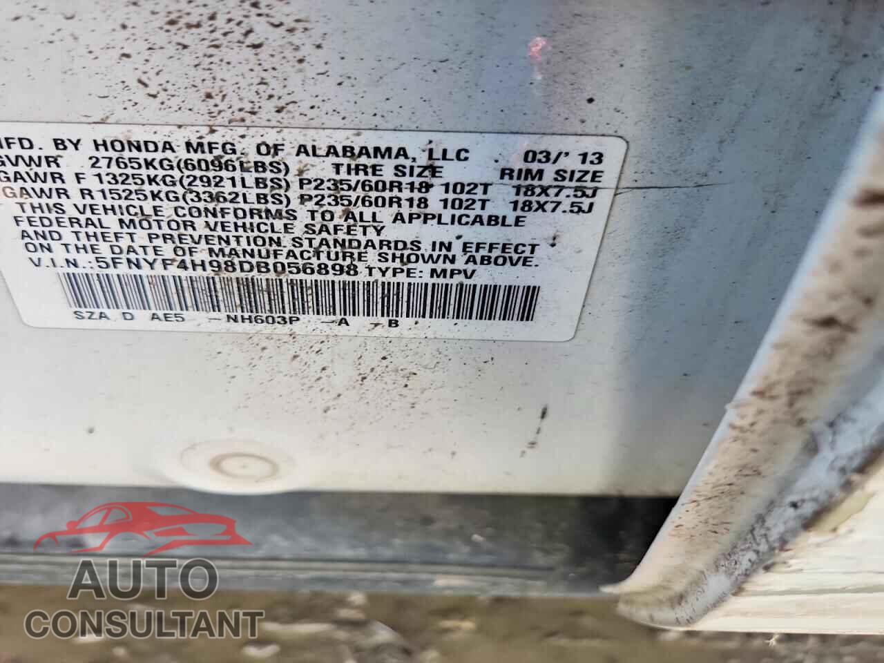 HONDA PILOT 2013 - 5FNYF4H98DB056898