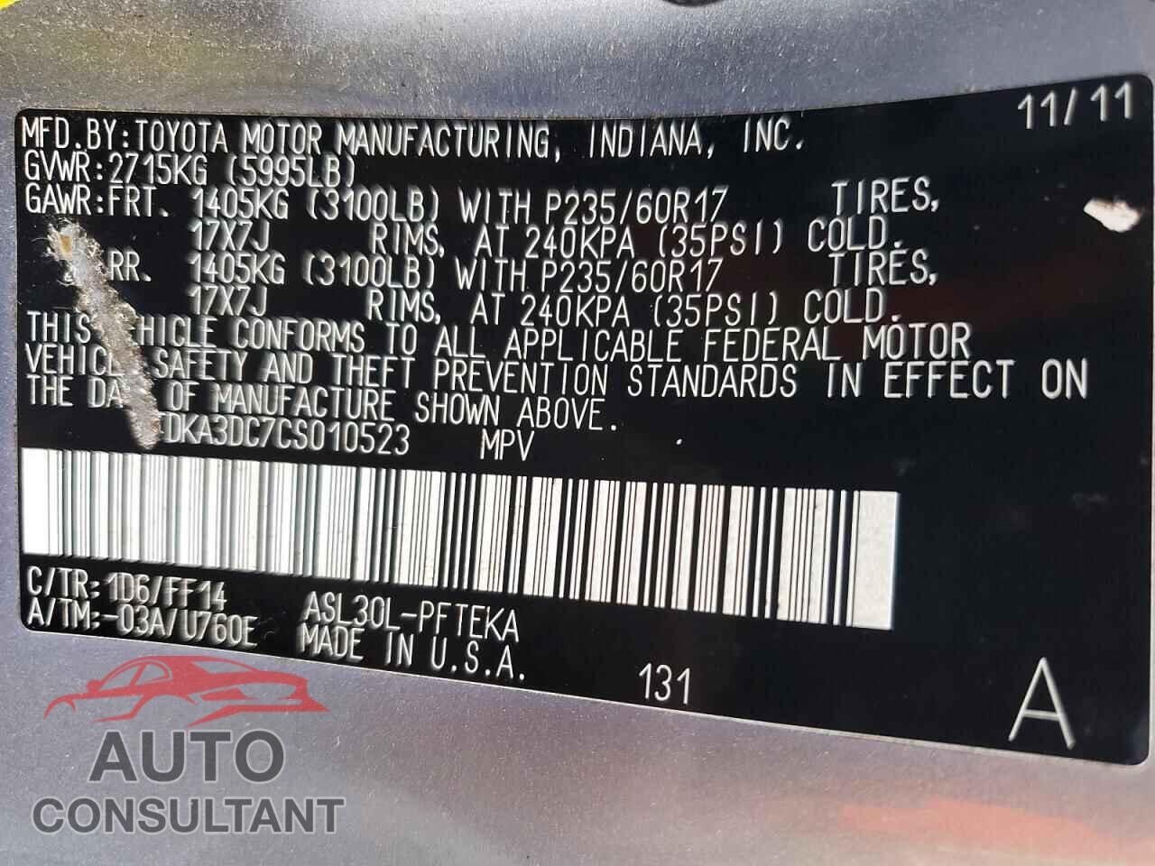 TOYOTA SIENNA 2012 - 5TDKA3DC7CS010523