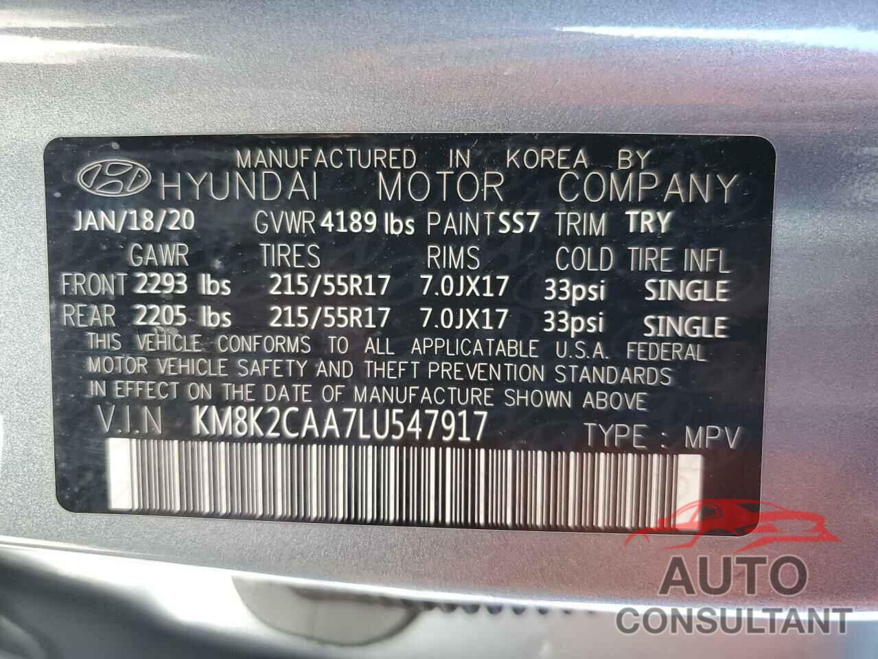 HYUNDAI KONA 2020 - KM8K2CAA7LU547917