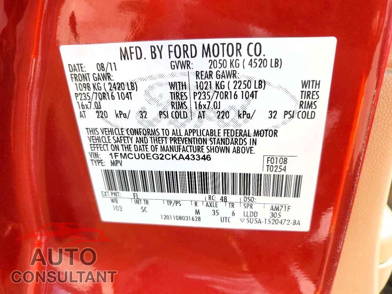 FORD ESCAPE 2012 - 1FMCU0EG2CKA43346