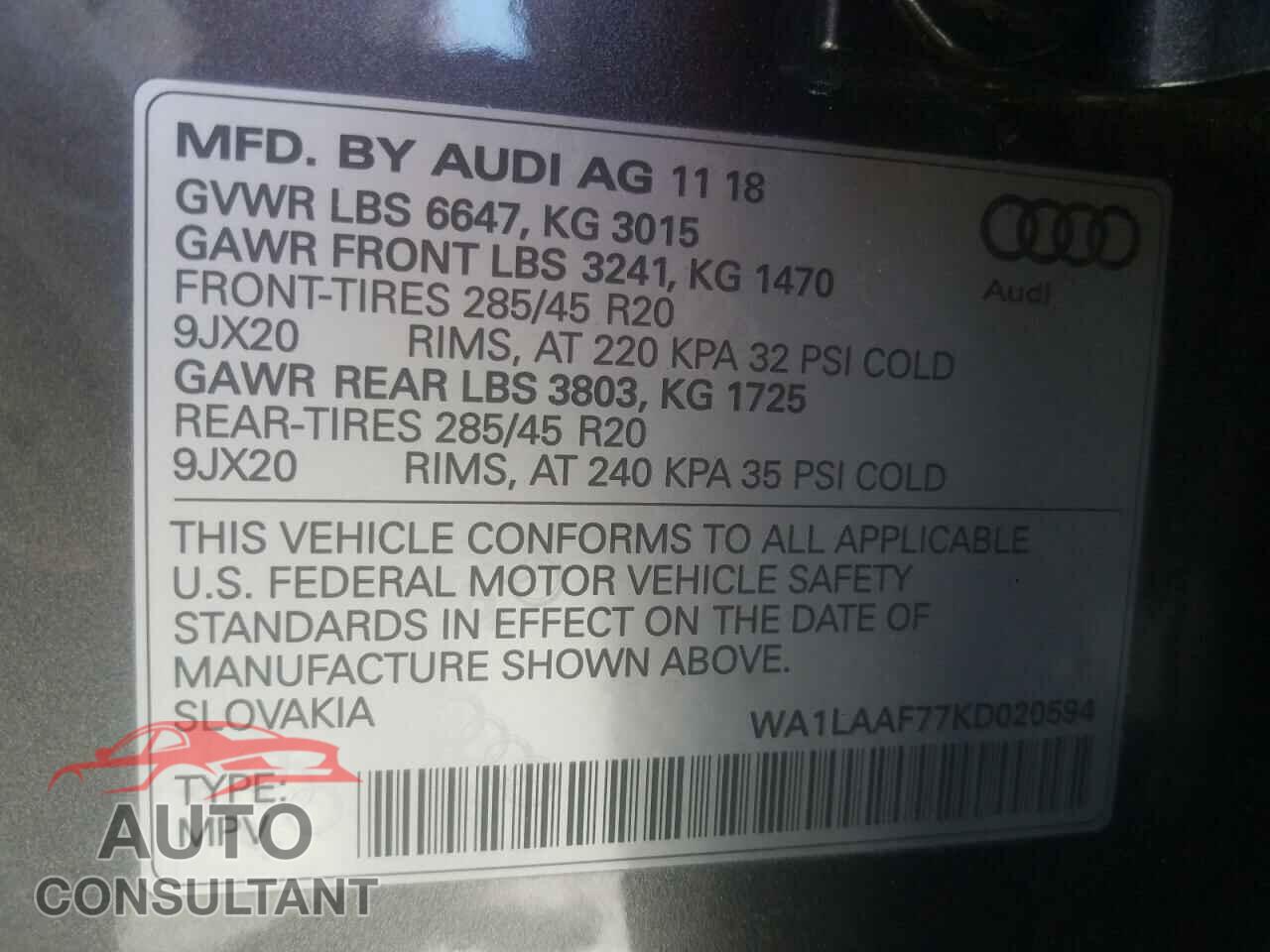 AUDI Q7 2019 - WA1LAAF77KD020594