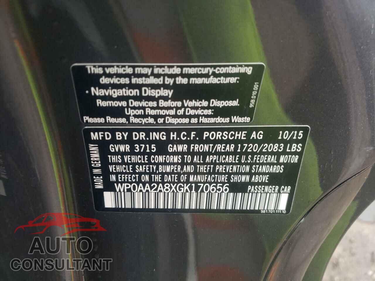 PORSCHE CAYMAN 2016 - WP0AA2A8XGK170656