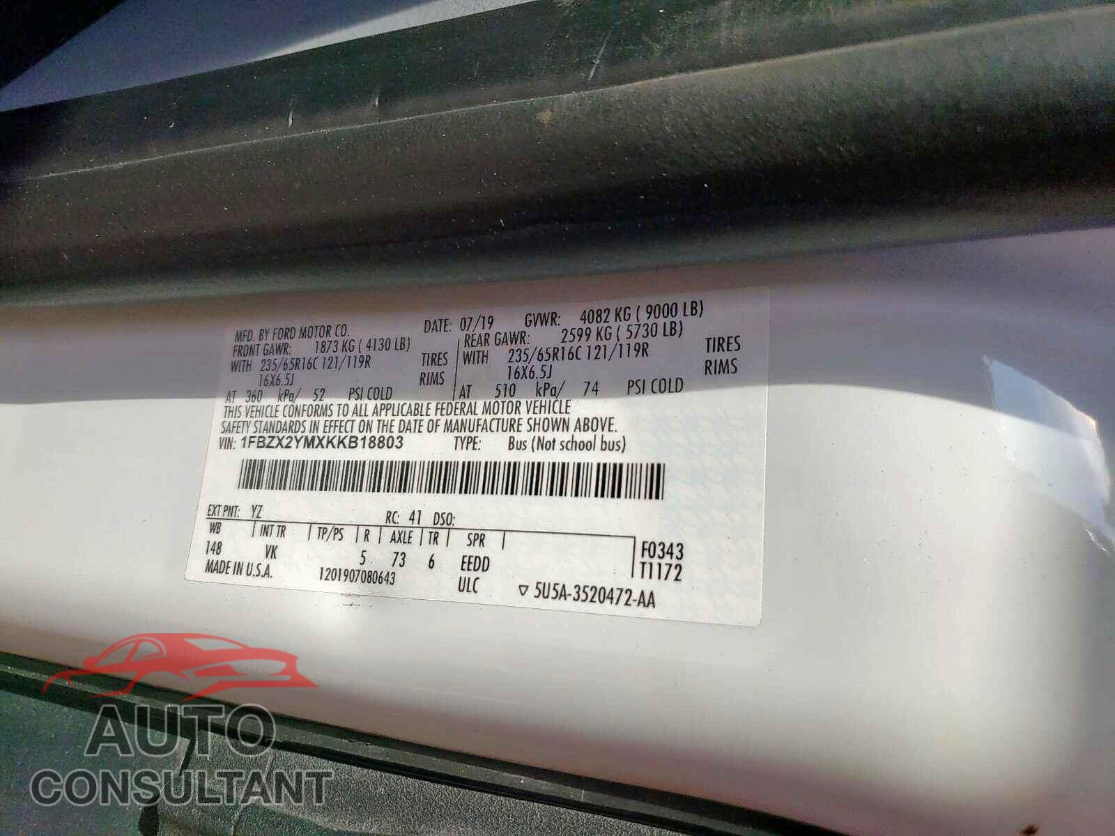 FORD TRANSIT CO 2019 - 1FBZX2YMXKKB18803