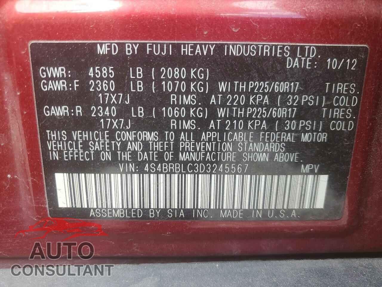 SUBARU OUTBACK 2013 - 4S4BRBLC3D3245567