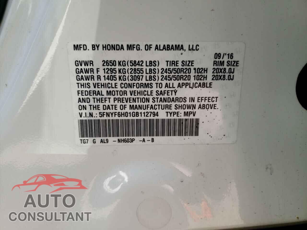 HONDA PILOT 2016 - 5FNYF6H01GB112794