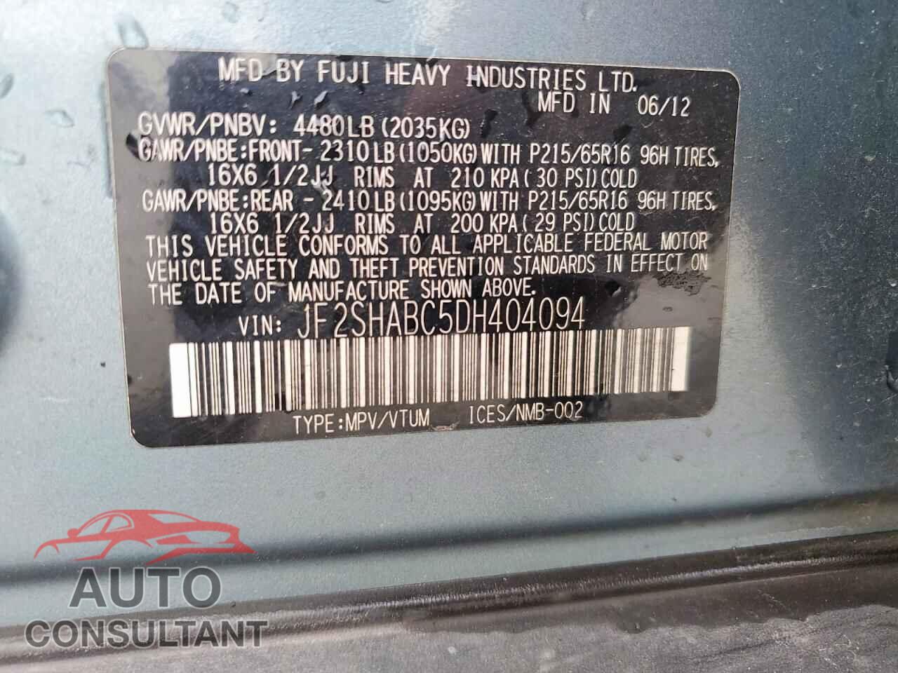 SUBARU FORESTER 2013 - JF2SHABC5DH404094