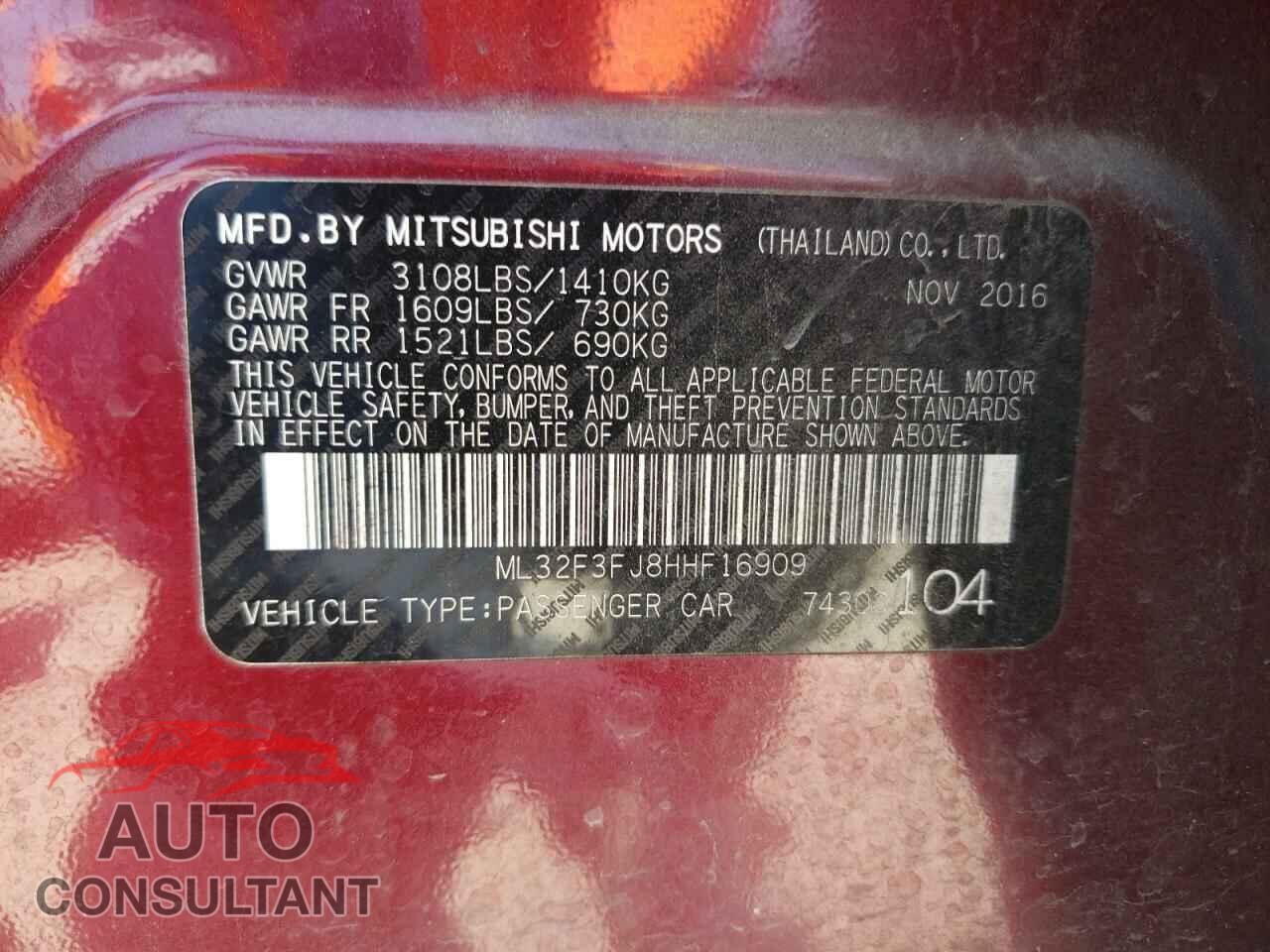 MITSUBISHI MIRAGE 2017 - ML32F3FJ8HHF16909