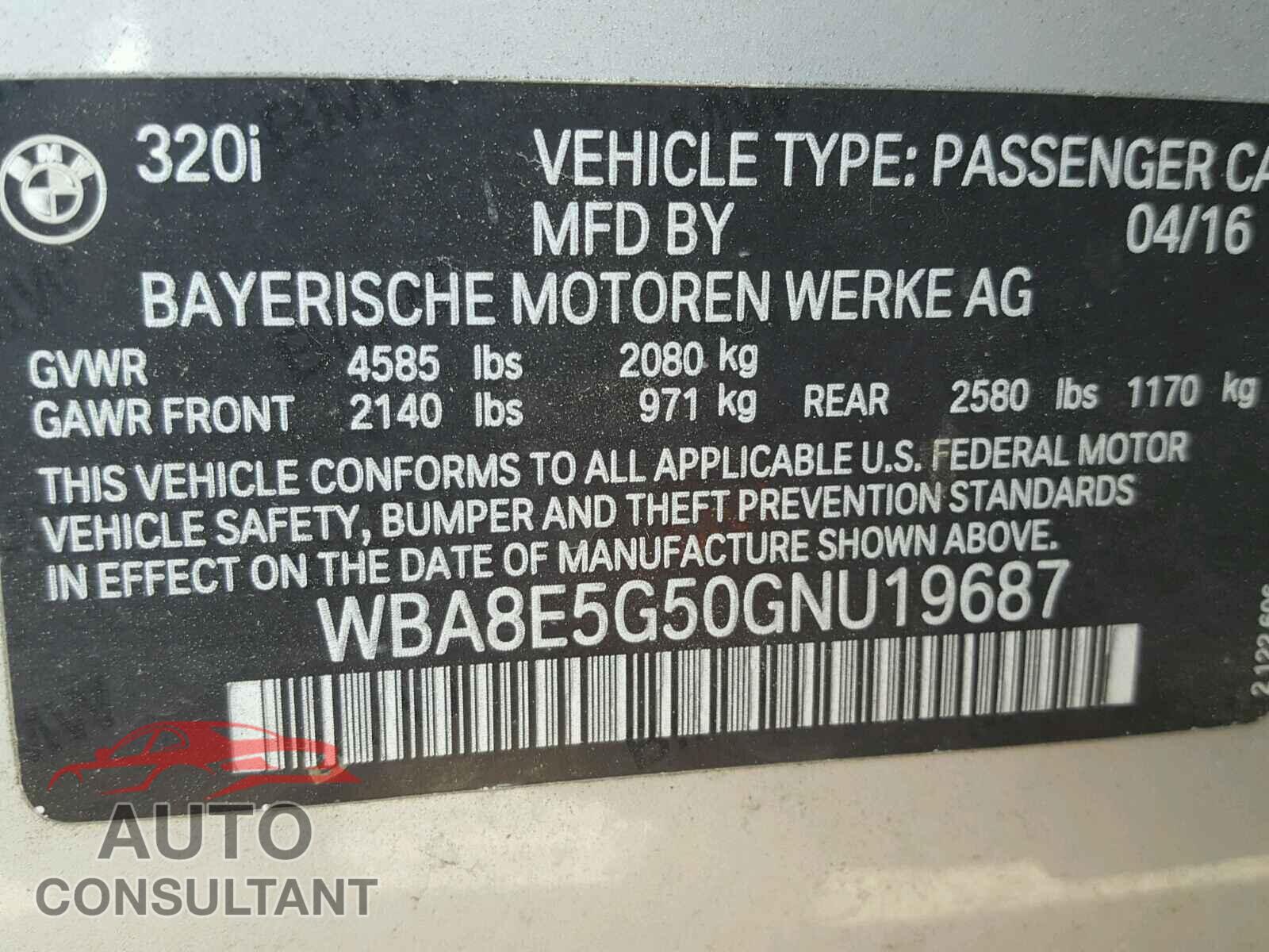 BMW 3 SERIES 2016 - WBA8E5G50GNU19687