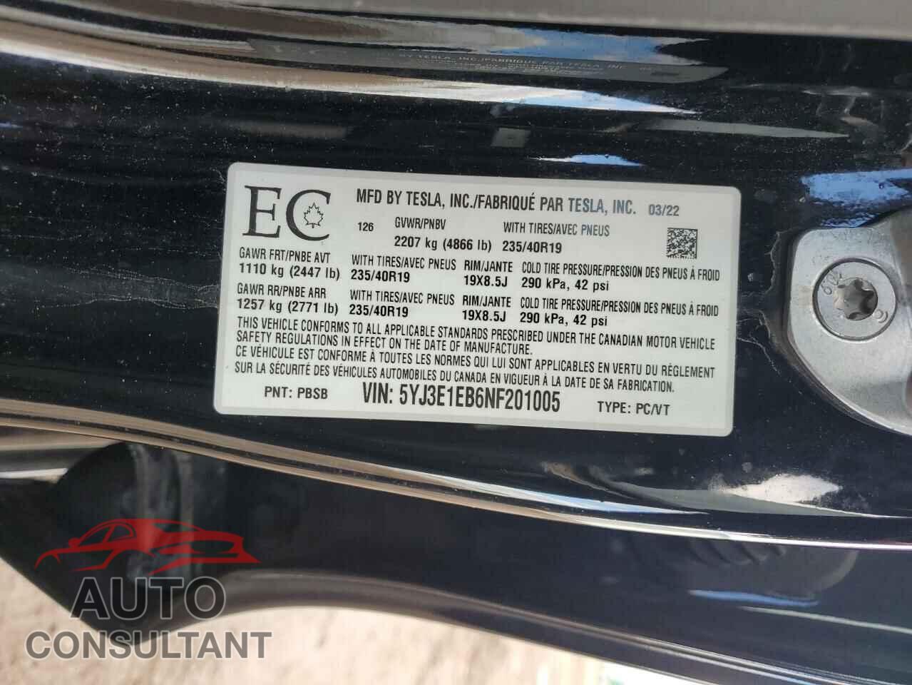 TESLA MODEL 3 2022 - 5YJ3E1EB6NF201005