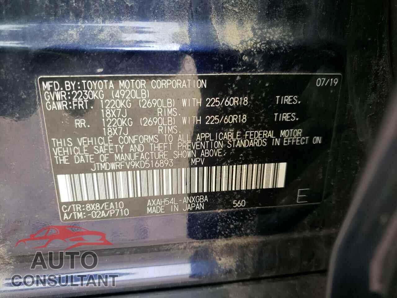 TOYOTA RAV4 2019 - JTMDWRFV9KD516893