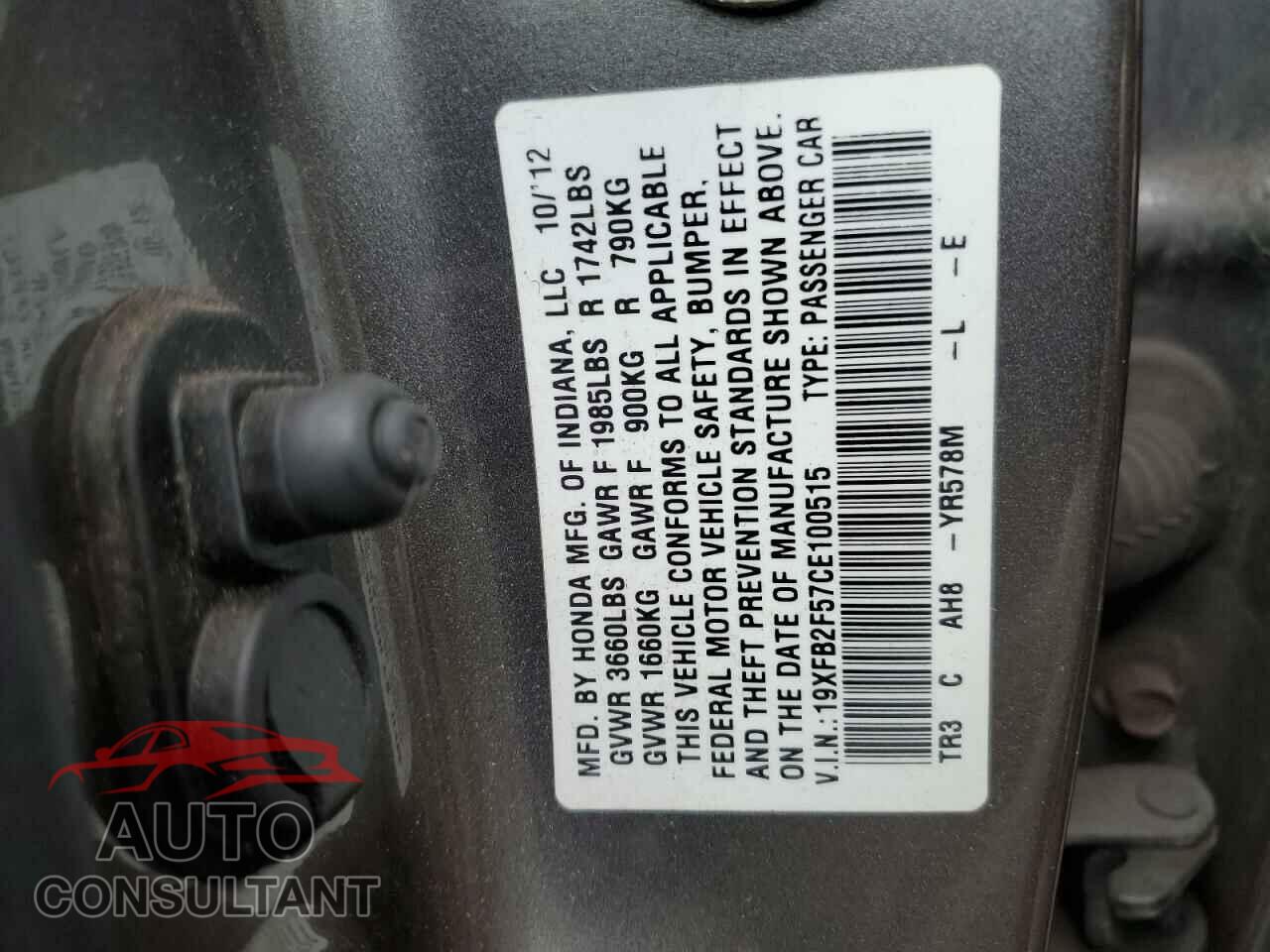 HONDA CIVIC 2012 - 19XFB2F57CE100515