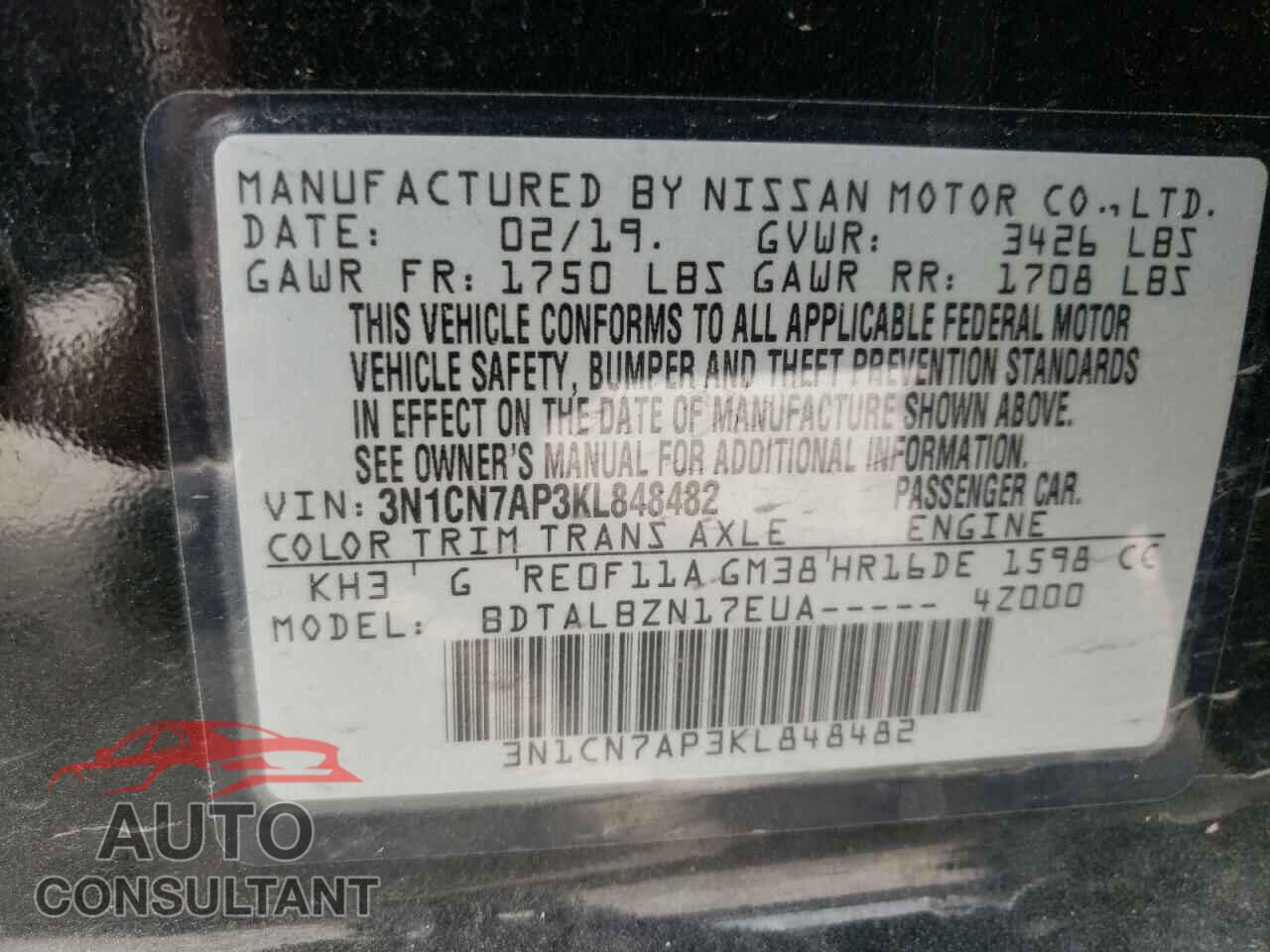 NISSAN VERSA 2019 - 3N1CN7AP3KL848482