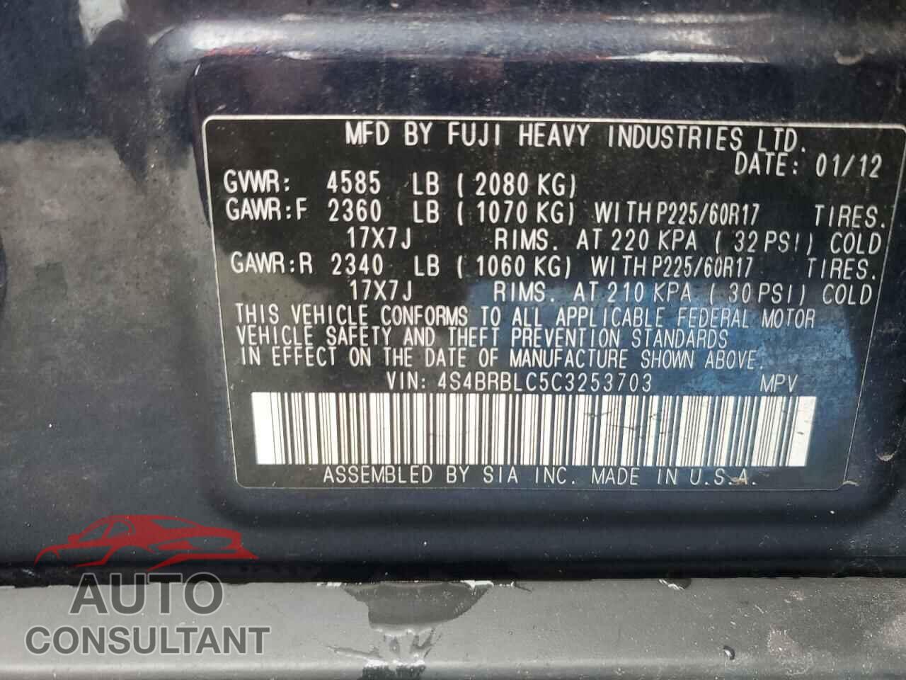 SUBARU OUTBACK 2012 - 4S4BRBLC5C3253703