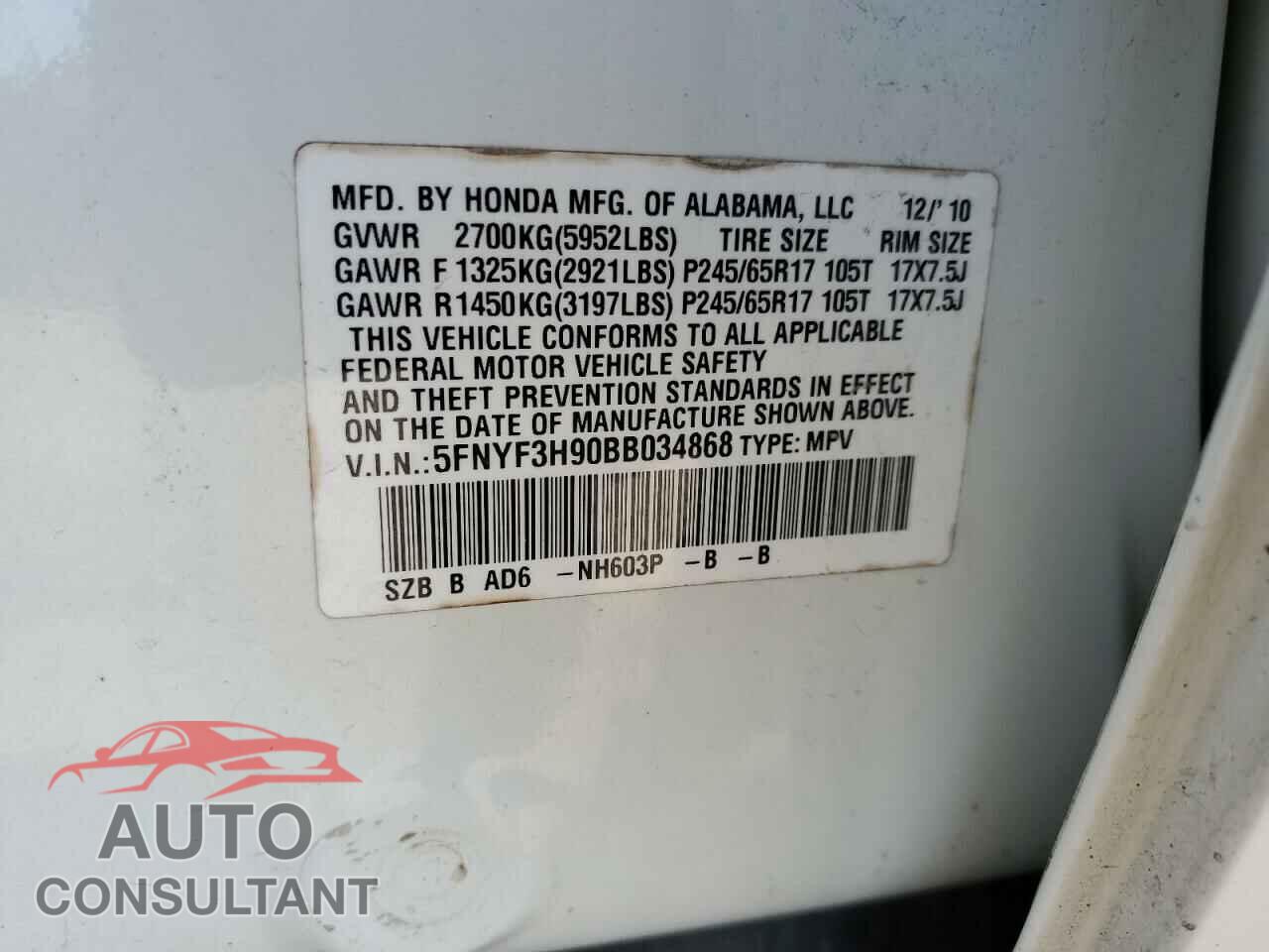 HONDA PILOT 2011 - 5FNYF3H90BB034868