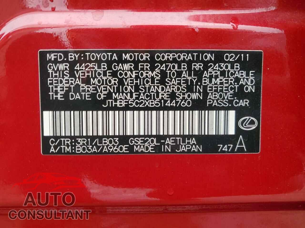 LEXUS IS 2011 - JTHBF5C2XB5144760