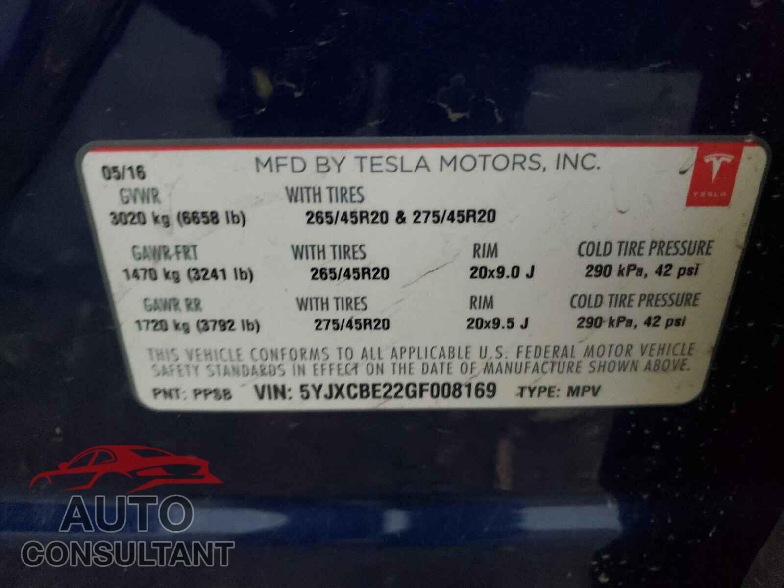 TESLA MODEL X 2016 - 5YJXCBE22GF008169