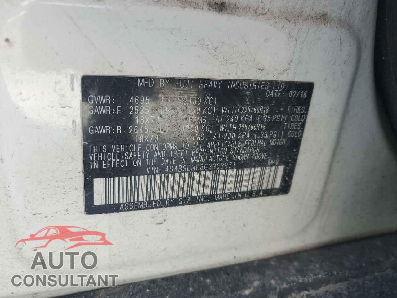 SUBARU OUTBACK 2016 - 4S4BSBNC8G3303971