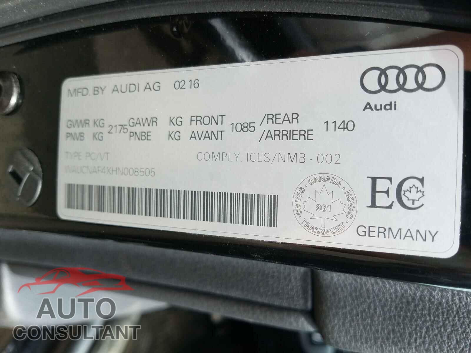 AUDI A4 2017 - WAUCNAF4XHN008505